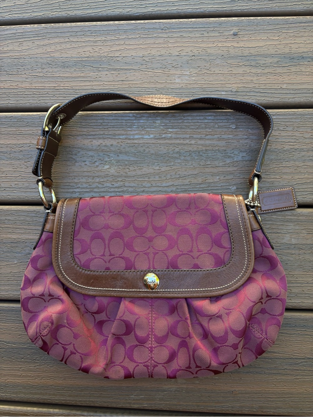 Vintage Coach Signature Jacquard Flap Shoulder Bag Plum F13739